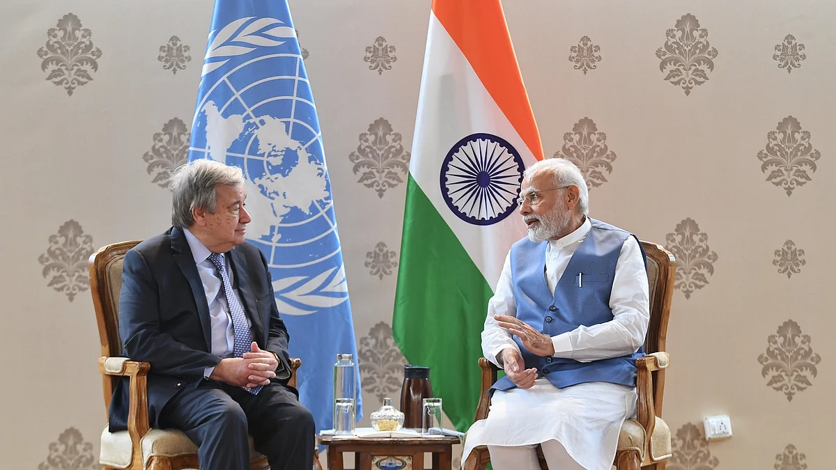 Prime Minister Modi and United Nations Secretary General Antonio Guterres during the launch of Mission LiFE (Lifestyle for Environment) at the Statue of Unity in Gujarat on Thursday October 20, 2022.