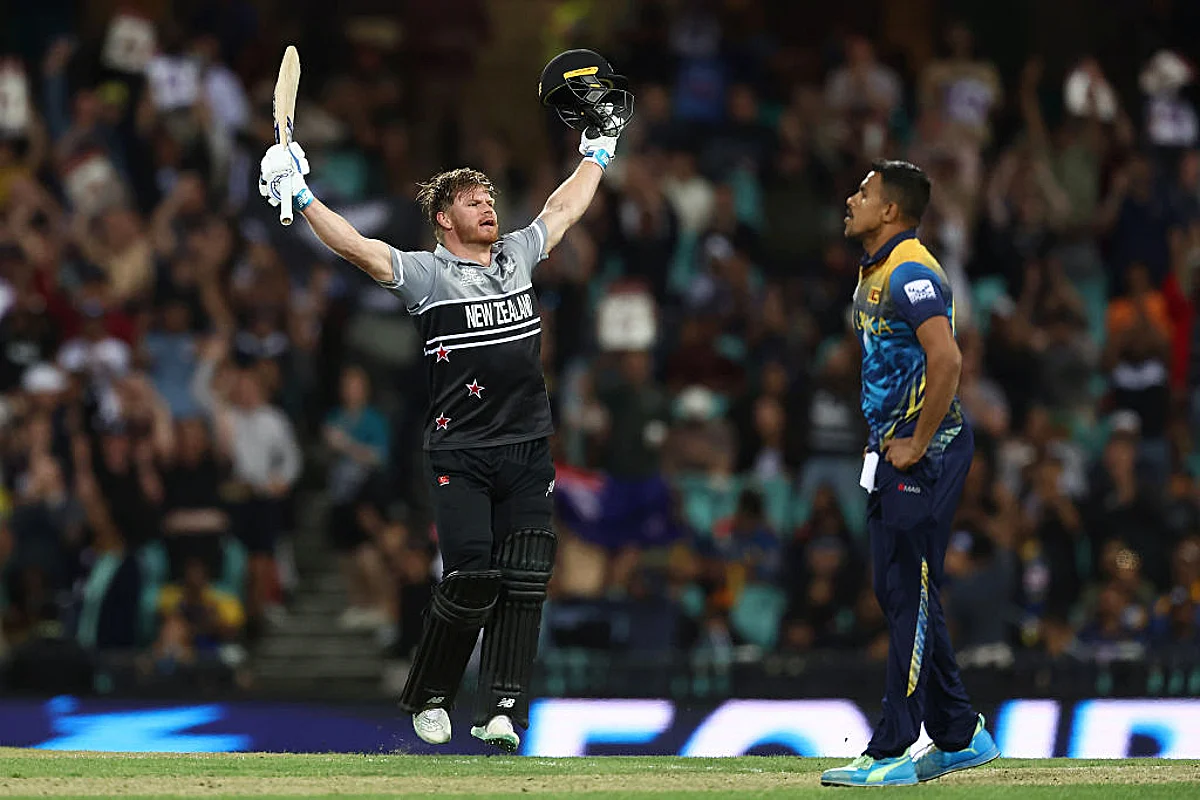 New Zealand's Glenn Phillips celebrates his century during ICC Men's T20 World Cup 2022 Super 12 Group 1 match between New Zealand and Sri Lanka, at Sydney Cricket Ground, in Sydney on Saturday.