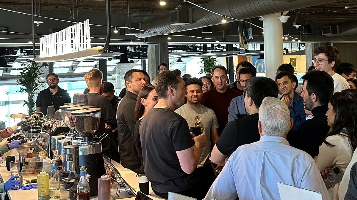 Musk during a conversation with members of the micro-blogging site Twitter inside company's headquarters' coffee bar.