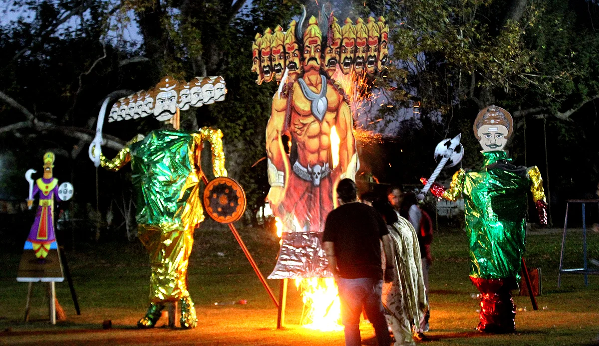 Effigies of Ravan being ignited in Srinagar on Wednesday.