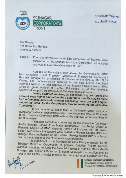 On November 6, Greater Kashmir, while keeping media ethics in mind, had given space to the press statement issued by the SCF in which they had alleged that the vehicles had been purchased without the approval of the SMC’s Executive Committee.