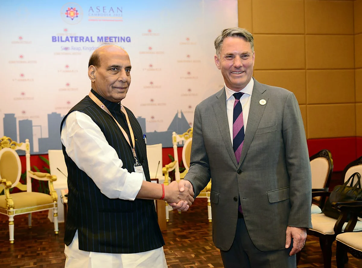 Defence Minister Rajnath Singh meets with Australia Deputy Prime Minister and Minister for Defence Richard Marles to boost defence ties and deepen cooperation between India and Australia, in Siem Reap. on Tuesday 22 November 2022.