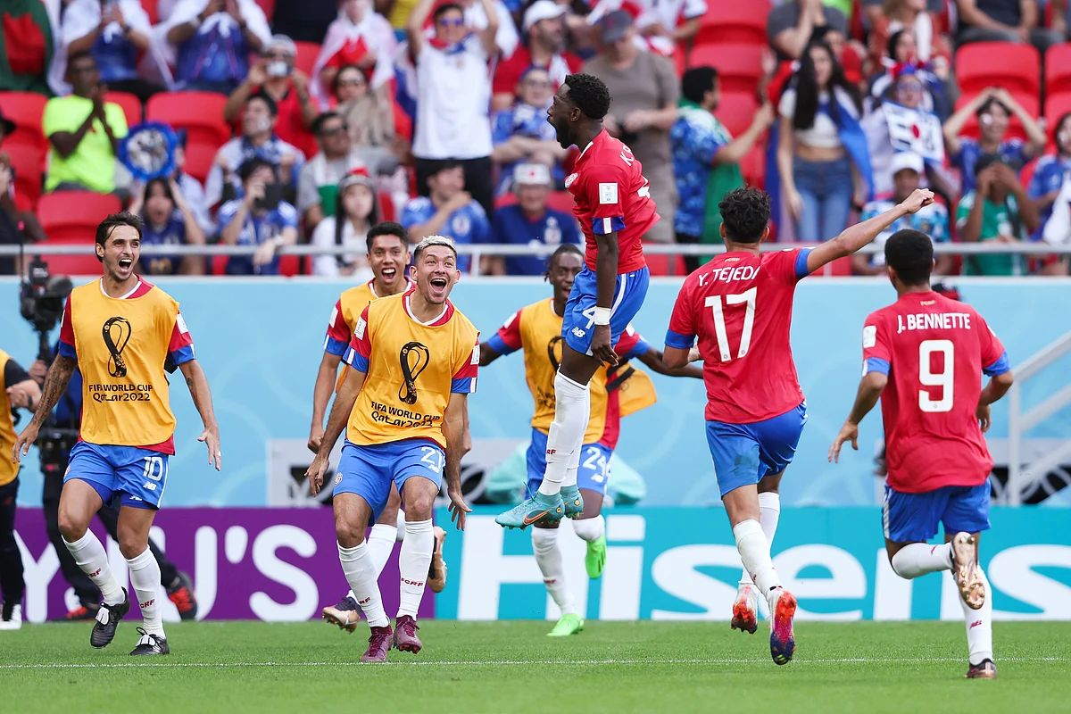 Costa Rica players celebrate Keysher Fuller's goal against Japan in the ongoing FIFA World Cup 2022, at Ahmed bin Ali Stadium, in Al Rayyan on Sunday.