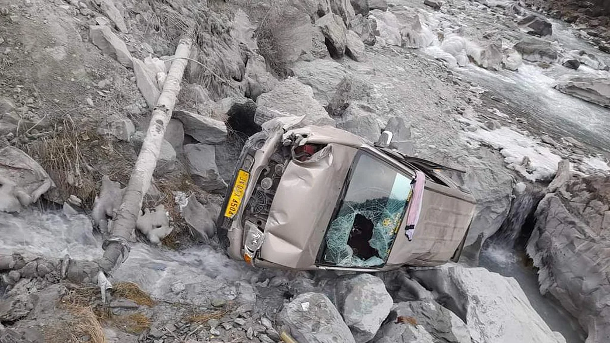The vehicle skid off the road and fell into gorge