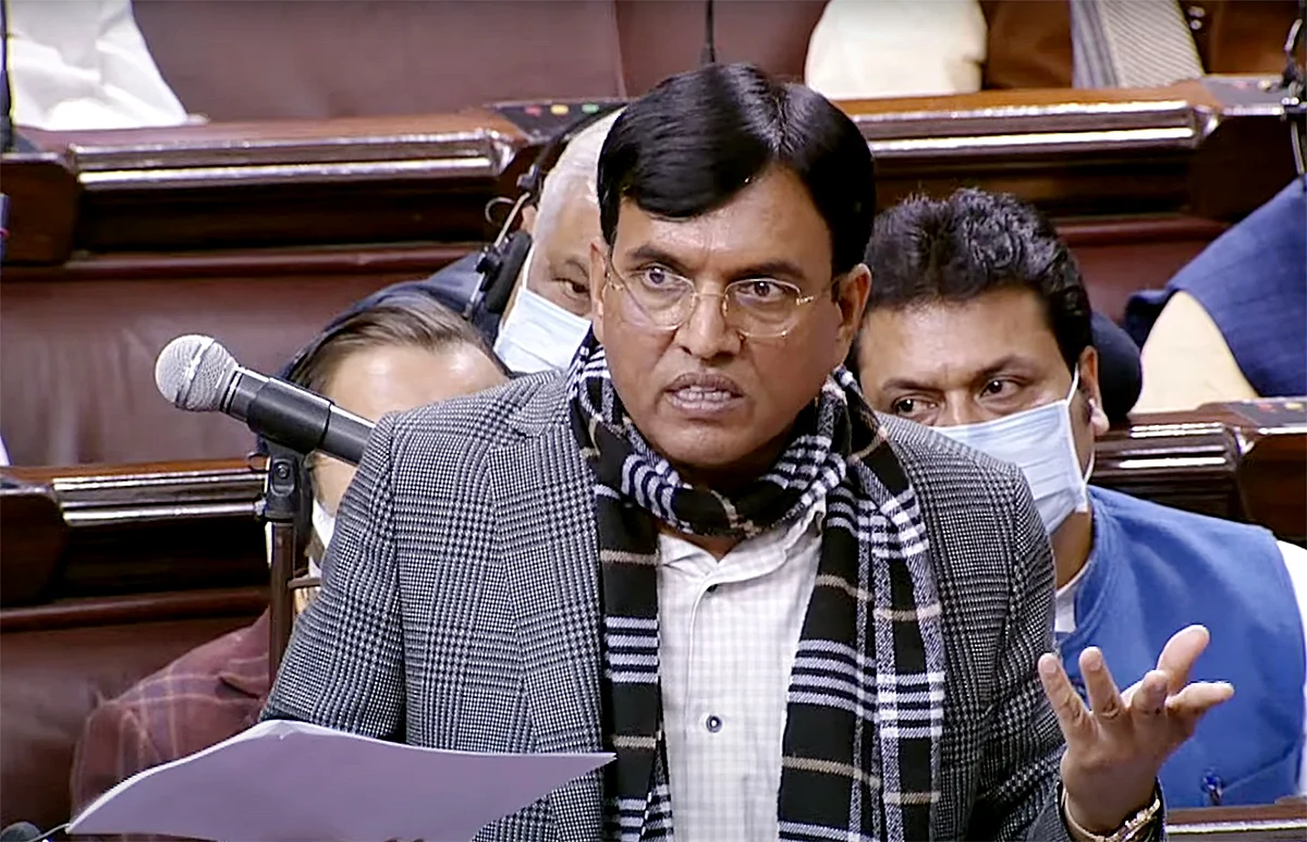 Union Health Minister Mansukh Mandaviya speaks in Rajya Sabha during the Winter Session of the Parliament, in New Delhi on Thursday.