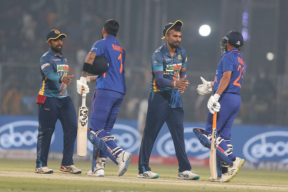 Indian and Sri Lankan players greet each other after their 2nd ODI match, at Eden Gardens, in Kolkata on Thursday. India won the match by 4 wickets.