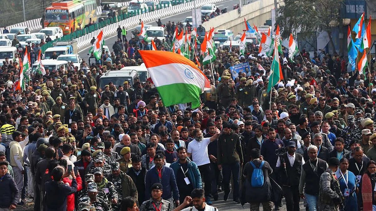 Congress leader Rahul Gandhi during his 'Bharat Jodo Yatra' amid tight security in Jammu's Samba.