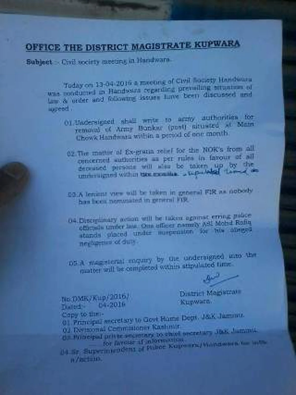 Kupwara district magistrate to seek removal of army bunker within a month