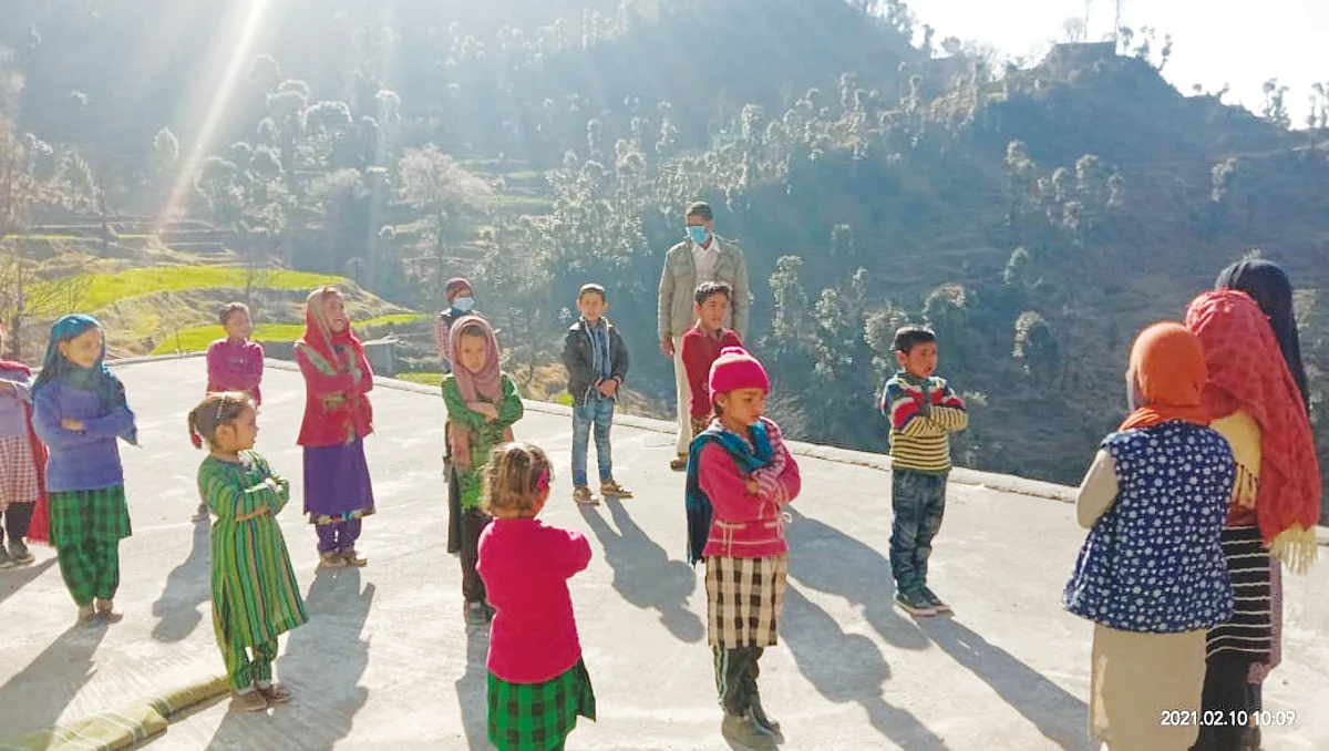 Students study under open sky in Mendhar school
