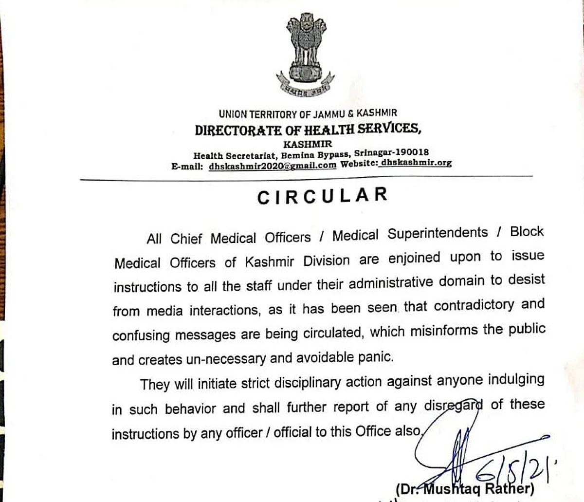 A circular issued by the Director Health Services Kashmir, Dr. Mushtaq Rather.