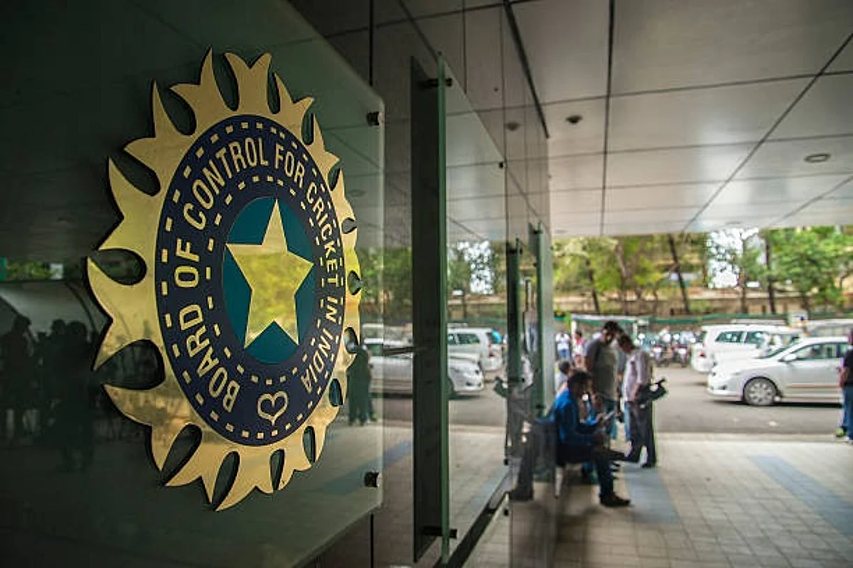 MUMBAI, INDIA JULY 19: A view of logo of the Board of Control for Cricket in India (BCCI) during a Council meeting of the Indian Premier League (IPL) at BCCI headquarters on July 19, 2015 in Mumbai, India. (Photo by Aniruddha Chowhdury/Mint via Getty Images)