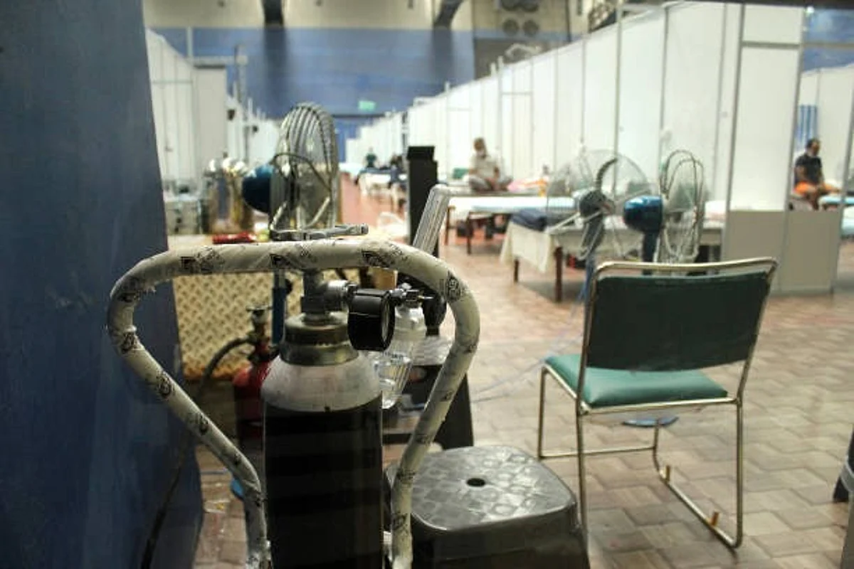An oxygen cylinder for patients inside an isolation ward at the Commonwealth Games Village Sports Complex which is temporarily converted into a coronavirus care Centre in New Delhi, India on July 14, 2020. This sports complex is equipped with a bed capacity of 500 and is attached to LNJP hospital to treat mild and asymptomatic patients infected with corona virus. (Photo by Mayank Makhija/NurPhoto via Getty Images)
