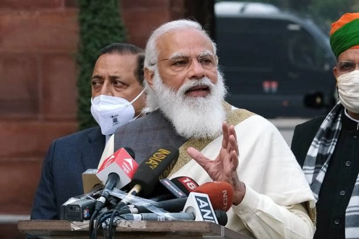 Narendra Modi, India's prime minister, during a news conference at Parliament House on the opening day of the Budget Session in New Delhi, India, on Friday, Jan. 29, 2021. India will unveil its closely watched budget on Monday, expected to get it back on track as the worlds fastest-growing major economy by boosting spending on job-creation and rural development while battling back the coronavirus. Photographer: T. Narayan/Bloomberg via Getty Images