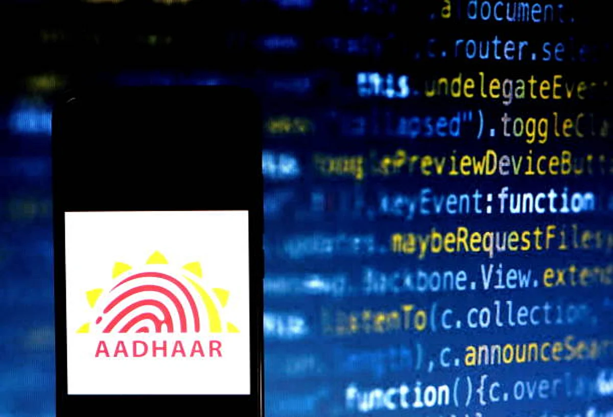 In this photo illustration an Aadhar company Logo seen displayed on a smartphone. (Photo Illustration by Avishek Das/SOPA Images/LightRocket via Getty Images)