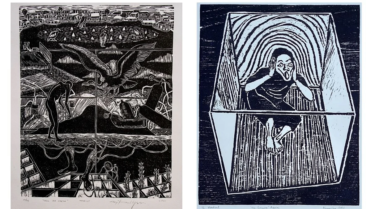 L: ‘Hell on Earth’, woodcut, 12” x 15” R : ‘The Scream again’, woodcut, 12” x 15”