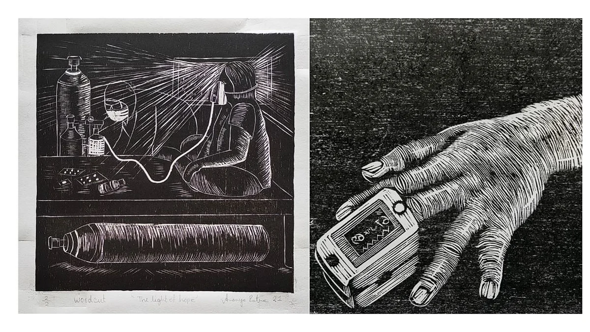 L: ‘The Light of Hope’, woodcut, 12” x 12” R: ‘Death’, woodcut, 12” x 12”