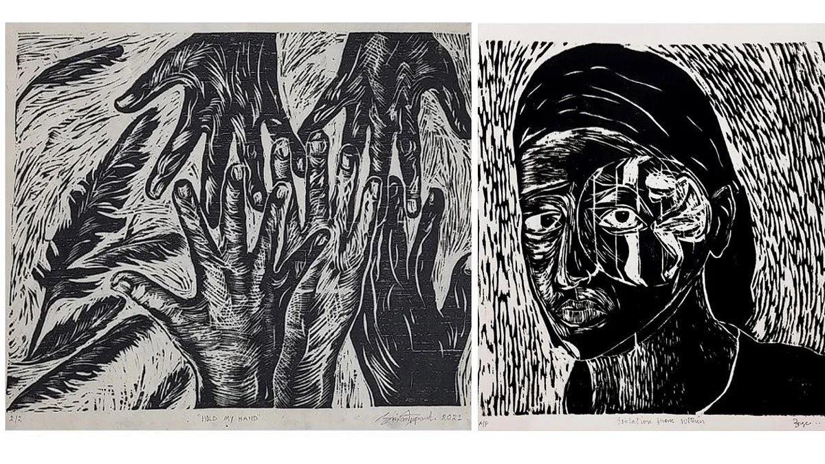 L : ‘Hold my Hand’, woodcut, 12” x 15” R: ‘Isolation from Within’, woodcut, 12” x 12”