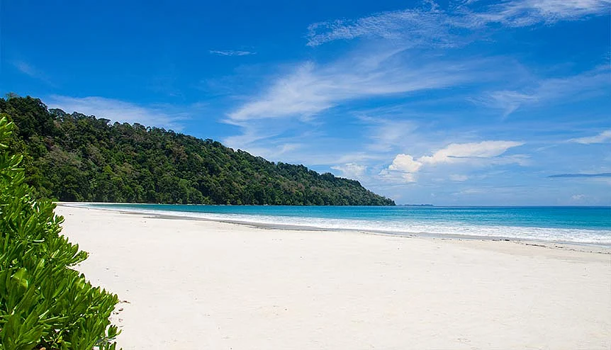 Radhanagar beach of Havelock Island, the island is 41 km northeast of the capital city, Port Blair, Andaman and Nicobar Islands, India. NITI Aayog proposed a $200 million infrastructure plan to explore opportunities in the islands to set up resorts, water villas, jetties and helipads.