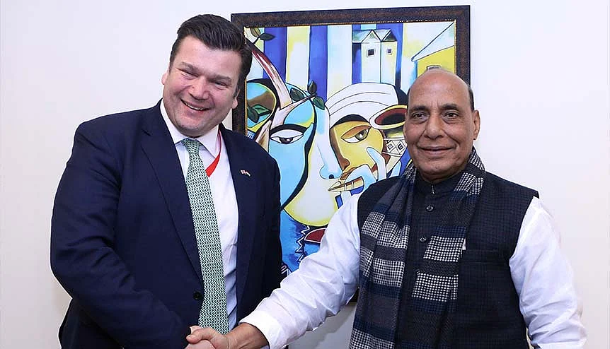 Defence Minister Rajnath Singh meets James Heappey, Minister for Defence Procurement, UK on the sidelines of ′Defence Expo 2020′, in Lucknow. A scheduled visit by Indian defence minister to the UK this year has been thrown into uncertainty due to the coronavirus pandemic.