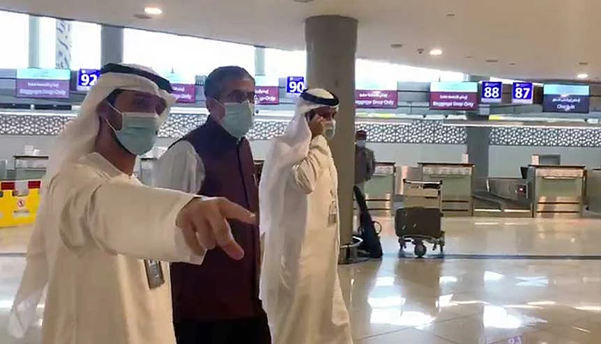 Indian Ambassador to the UAE, Pavan Kapoor, inspects the medical screening process for returning Indian nationals under the Vande Bharat Mission during coronavirus lockdown, at Abu Dhabi airport. Medical teams from India have assisted the UAE battle the Covid-19 pandemic.