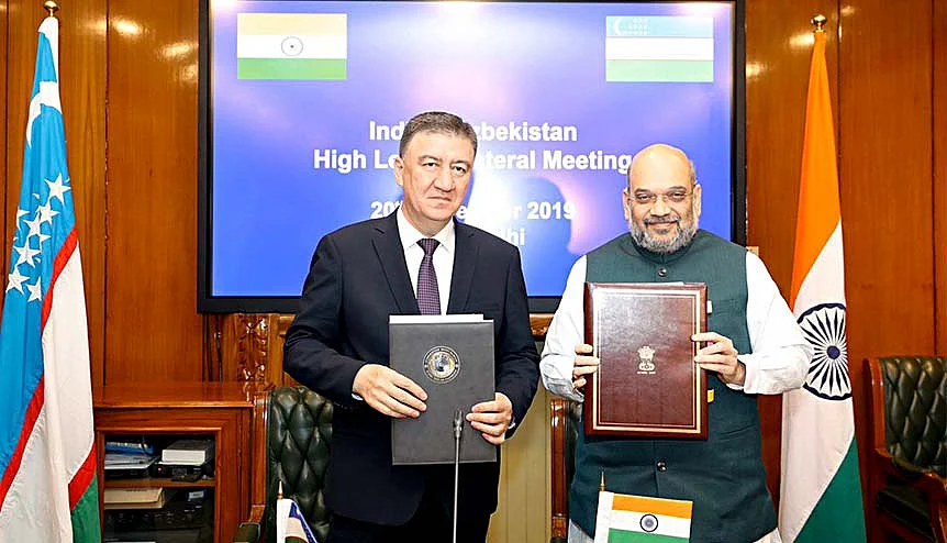 Union Home Minister Amit Shah and Minister of Internal affairs of Uzbekistan Bobojonov Pulat Razzakovich after signing an agreement on Security Cooperation between the Ministry of Home Affairs of India and the Ministry of Internal Affairs of Uzbekistan in November last year.