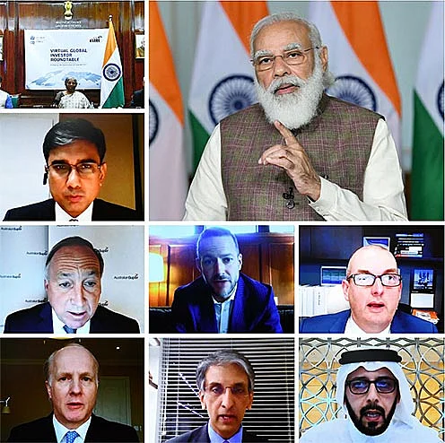 Prime Minister Narendra Modi addressing the Virtual Global Investor Roundtable. Modi highlighted the India's massive infrastructure building spree of highways, railways, metros, waterways, airports national infrastructure pipeline.