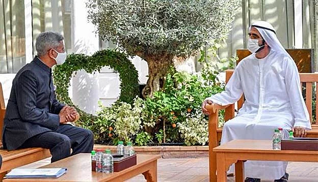 Indian foreign minister Dr. S Jaishankar in discussion with Sheikh Mohammed Bin Rashid Al Maktoum, Vice-President, PM of the UAE and Ruler of Dubai. There is the potential for India and the GCC states to ink an FTA to maximise the $120 billion trade exchange.