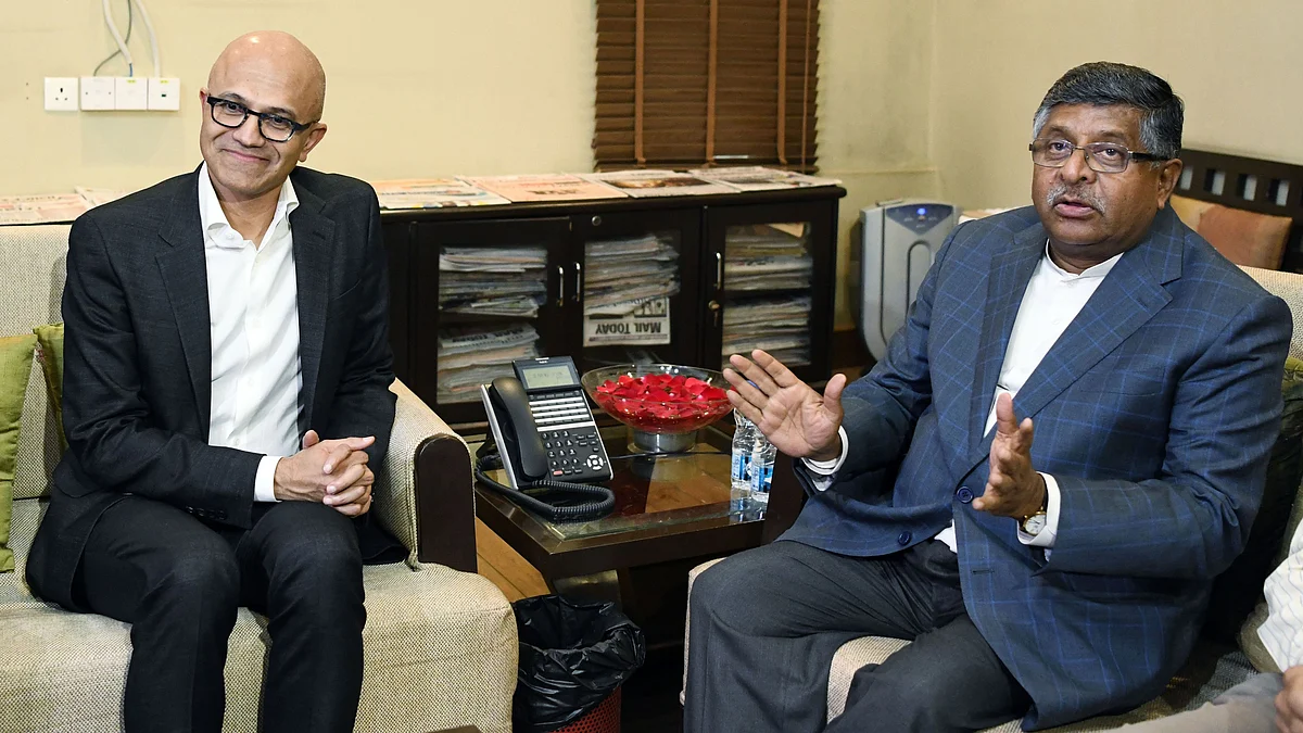 Union Minister of Communication, Information and Technology Ravi Shankar Prasad with Microsoft CEO Satya Nadella. US Big Tech was opposed to Trump’s immigration policies as it was harming their interests.