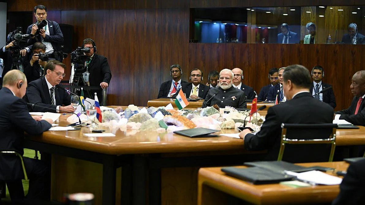Indian Prime Minister Narendra Modi with other heads of the BRICS nations during a meeting. New Delhi is slowly distancing itself from the body given the presence of China.