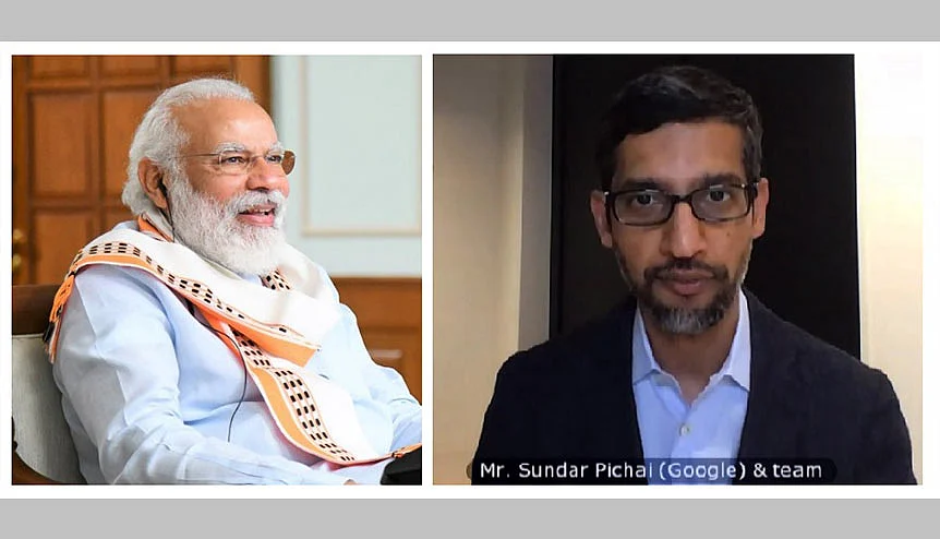 Indian prime minister Narendra Modi in a discussion with Google CEO, Sundar Pichai. As many as 60 per cent of the 800,000 waitlisted Green Card aspirants are Indians. Biden's decision helps US Big Tech as much as it does Indian IT firms and techies.