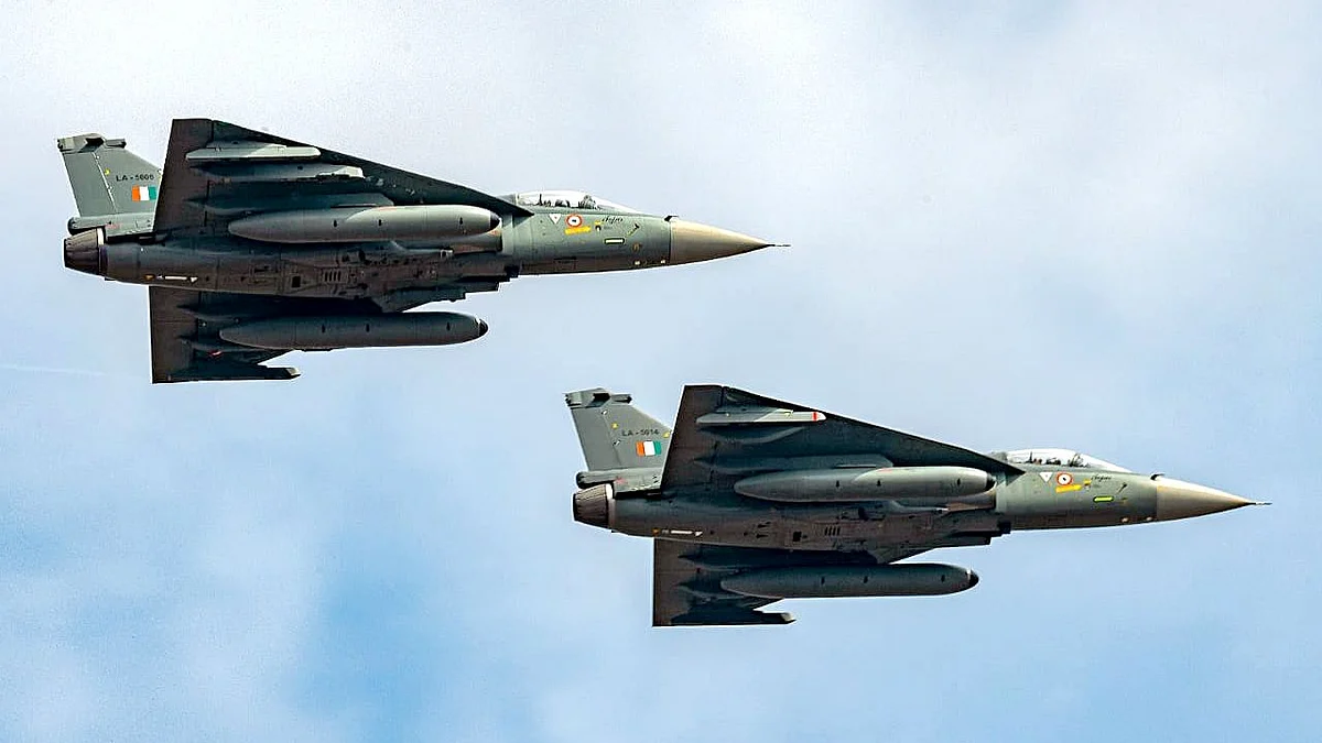 Reach for the skies. Tejas light combat aircraft on a flypast. India’s defence import bill has been slashed by 33% according to a recent study and this accounts for the country’s emphasis on self-reliance.