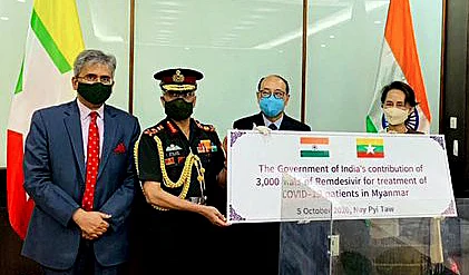 India’s chief of army staff MM Naravane, Ambassador Saurabh Kumar in a previous meeting with former Myanmar state counsellor Aung San Suu Kyi.