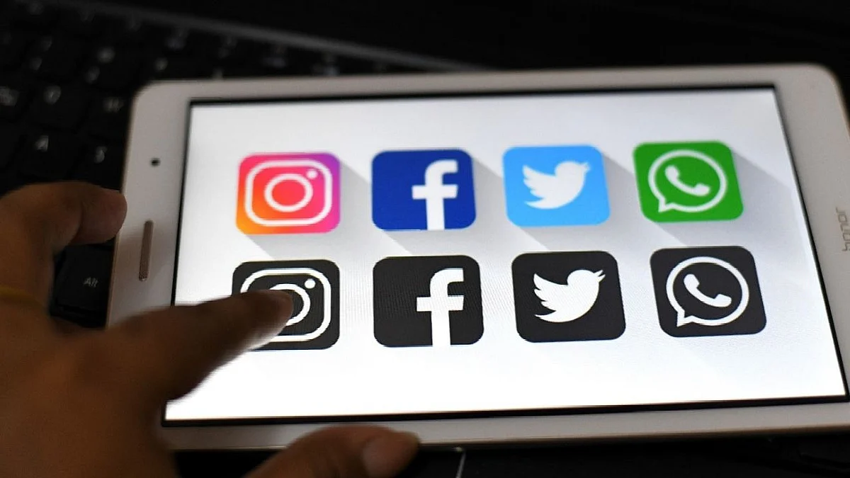 CAPTION: Facebook, twitter, whatsapp and other social media logos seen displayed on a Tablet Phone. The GoI wants social media intermediaries, having a user base of 5 million-plus, to appoint a grievance redressal officer based in India