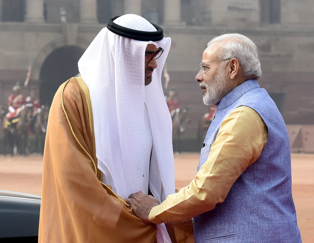 Prime Minister Narendra Modi talking with His Highness Sheikh Mohammed Bin Zayed Al Nahyan The Crown Prince of Abu Dhabi. India is negotiating at least 20 FTAs with countries and blocs like the US, the UK, Australia, the EU, UAE and several others.