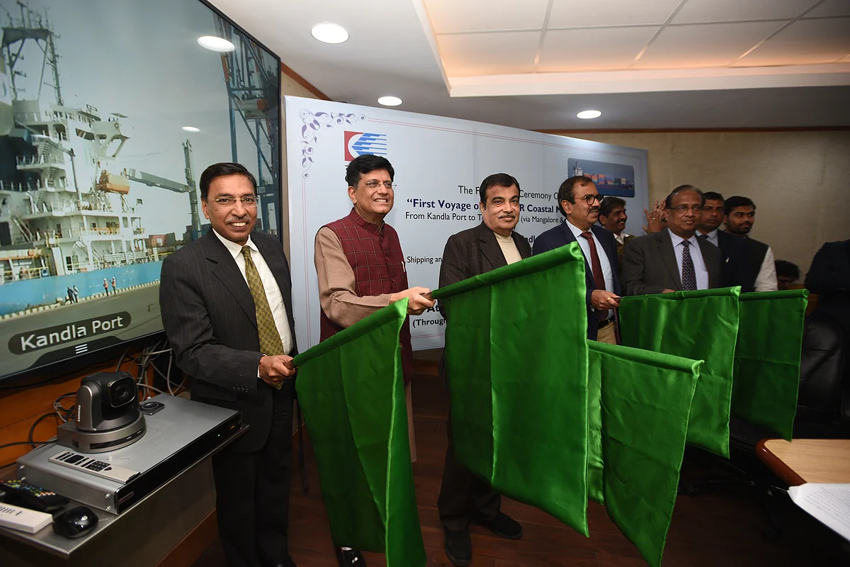Former Minister of Railways Piyush Goyal, Minister of Road Transport and Highways Nitin Gadkari and others seen as Container Corporation of India (Concor) kicks off its operations to transport containers through coastal shipping from Kandla to Tuticorin via Mangalore. Waterways transport in India has the potential to bring down logistics cost by 4 per cent that will propel exports by 30 per cent.