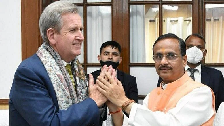 Australian ambassador to India, Barry O’Farrell meeting with UP deputy chief minister Dinesh Sharma earlier this year. He described Abbott’s visit to India as an attempt to energise the economic relationship between the two countries.