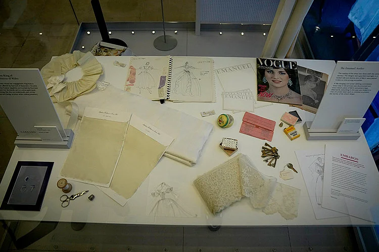 Items from the design process of the wedding dress of Britain's Princess Diana created by David and Elizabeth Emanuel are displayed.