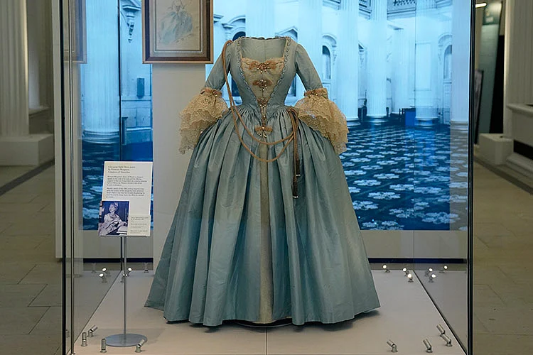 A Georgian style dress worn by Princess Margaret, the sister of Britain's Queen Elizabeth II.