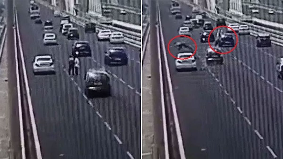 காரை நிறுத்தி கழுகை காப்பாற்ற முயன்ற 2 பேர்.. இடித்துத் தள்ளிய மற்றொரு கார்: அதிர்ச்சி வீடியோ!