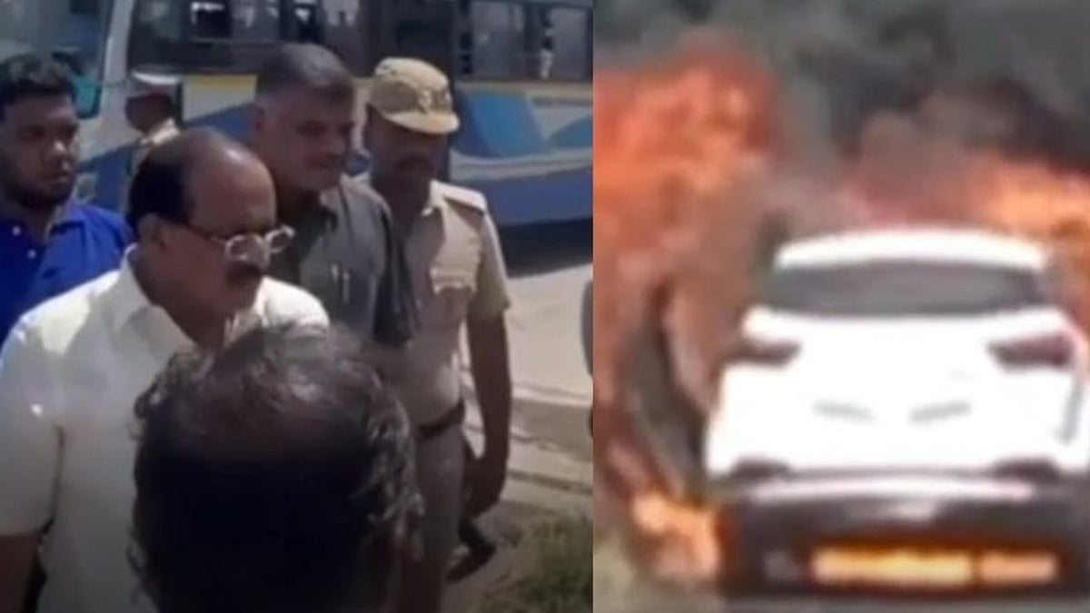 பற்றி எரிந்த காரில் சிக்கிய 2 பேர்.. துரிதமாக செயல்பட்டு பத்திரமாக மீட்ட அமைச்சர் - குவியும் பாராட்டு!