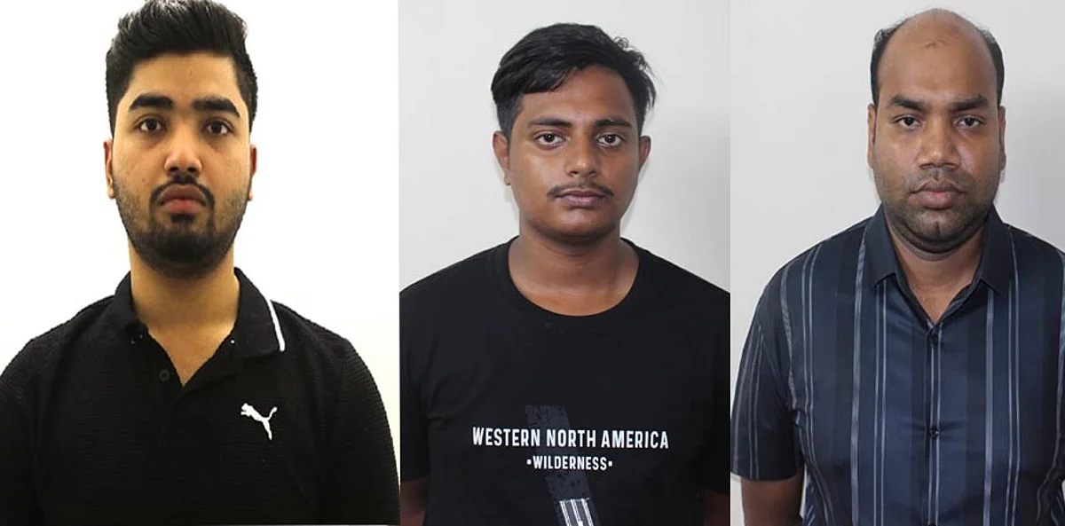 গ্রেপ্তারকৃত মো. নাজমুল মোল্লা, মো. সাইফুল ইসলাম ওরফে সাইফুল এবং চক্রের অন্যতম হোতা আব্দুল আহাদ।