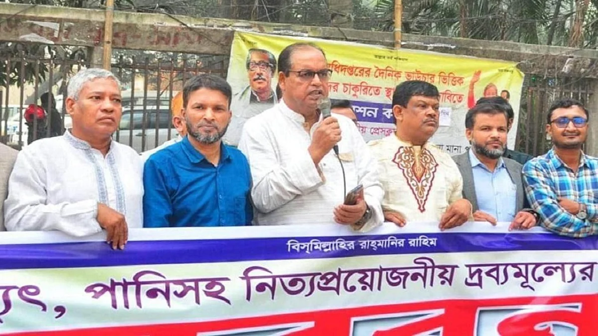 সমাবেশে বক্তব্য দিচ্ছেন বিএনপির ভাইস চেয়ারম্যান শামসুজ্জামান দুদু।
