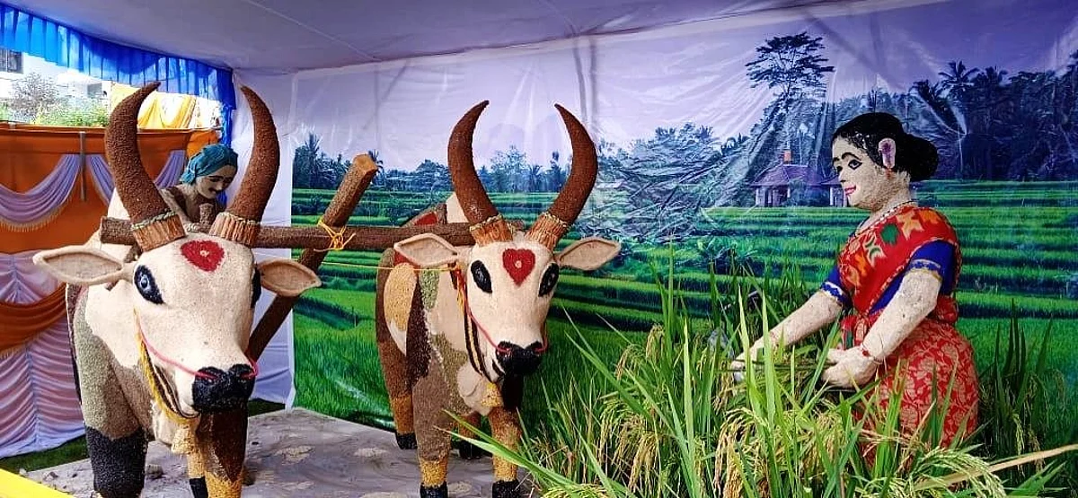 ஏலக்காய், கிராம்புகளால் உருவான ஏர் உழவன், காளைமாடு சிற்பங்கள்: பார்வையாளர்களை கவரும் கண்காட்சி