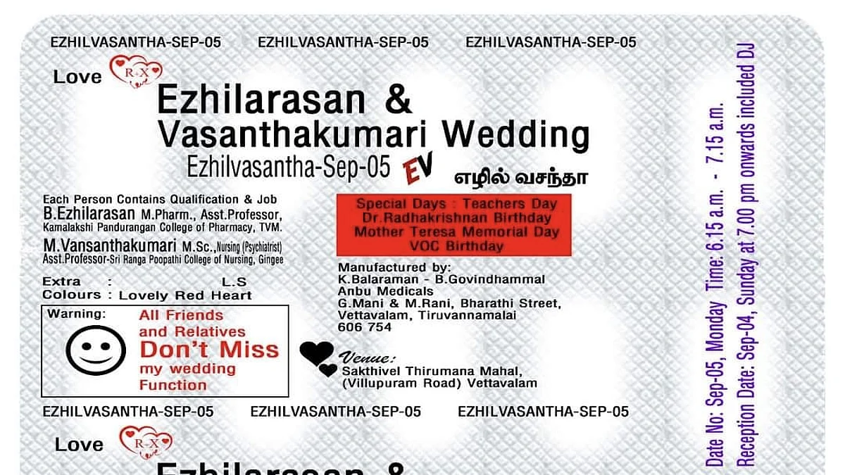 மாத்திரை அட்டை வடிவில் திருமண அழைப்பிதழ்: மணமக்களின் புதிய முயற்சி வைரல்!