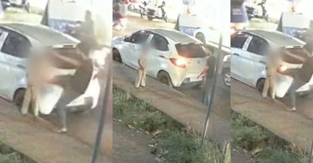 காரில் சாய்ந்துநின்ற சிறுவன்; எட்டிமிதித்த வாலிபர்: வைரலாகும் காட்சியால் சிக்கிய வாலிபர்