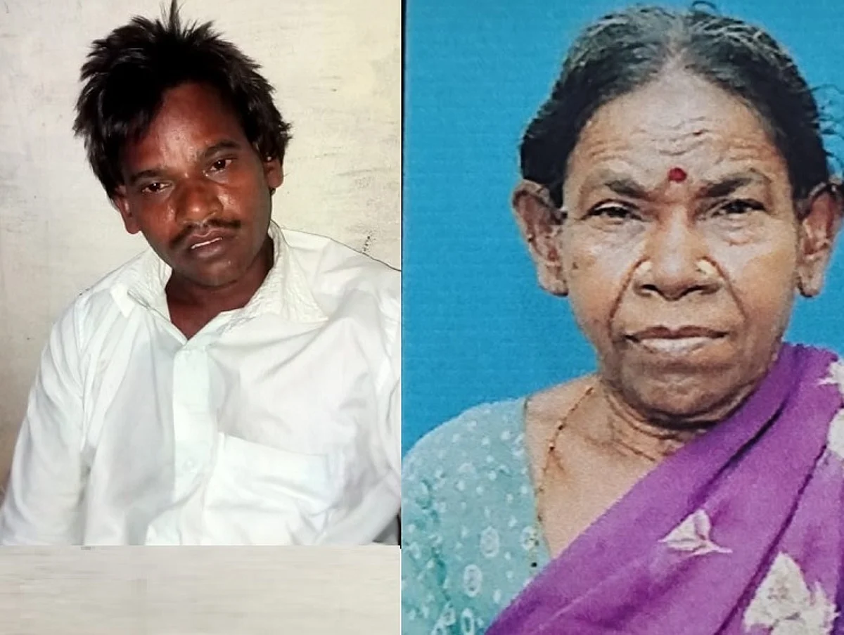 கைதான மகன் சக்திவேல். கொலை செய்யப்பட்ட தாய் அசோதை