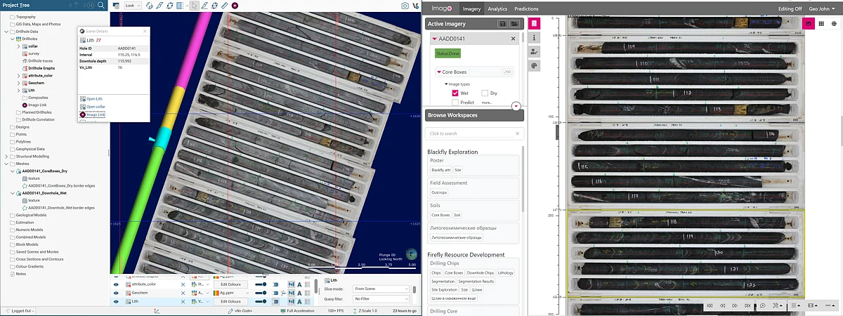 Core boxes displayed in Imago’s platform (right) and in Leapfrog Geo (left). The geologist clicks the drill hole trace to display the corresponding core photos in Imago, as a drill hole, at the correct path. The geologist is able to continuously validate the logs and assays using the original images of the rock material.