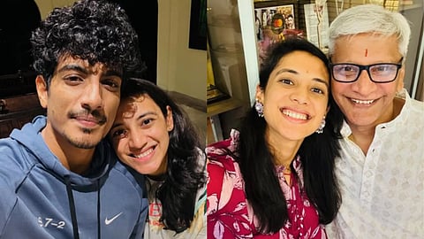 smruthi mandhana with his fiance and father 