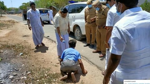 சுட்டெரிக்கும் வெயிலில் தவழ்ந்து சென்ற மாற்றுத்திறனாளி... பார்த்ததும் காரை நிறுத்தி இறங்கிய அமைச்சர்!!