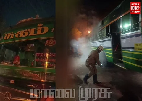 ஓடும் பேருந்தின் டயர் வெடித்து தீ விபத்து...